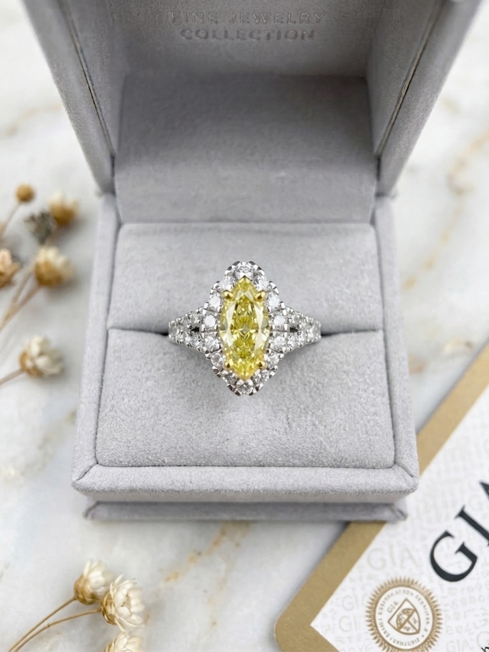 Yellow Marquise Halo Ring in White Metal - Picture 1 of 3